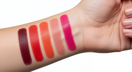 Lipstick swatches on skin with nail polish showing color range. Cosmetics testing and color matching concept. Image for banner, poster, wallpaper and advertisement