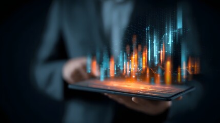Futuristic business interface displaying financial data and charts