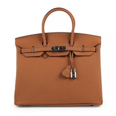 Brown leather handbag in Birkin style with silver hardware and padlock isolated on white background