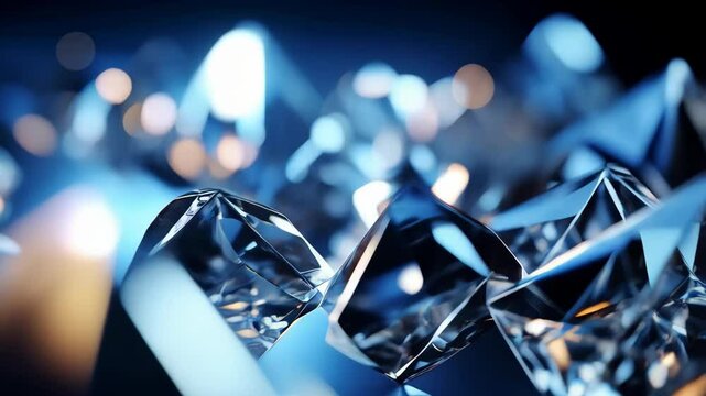 Close-up of abstract geometric sharp diamond shapes with blue hue and blurred background highlights with light refracting effect