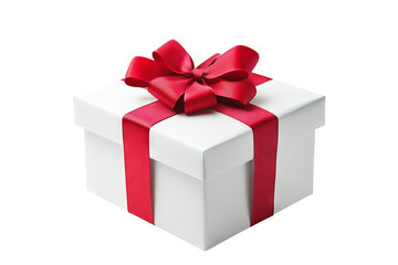 High-resolution white gift box with glossy red satin bow PNG cutout on transparent background for festive packaging and holiday design mockups