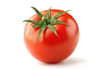 One fresh red tomato with green stem, isolated on white background