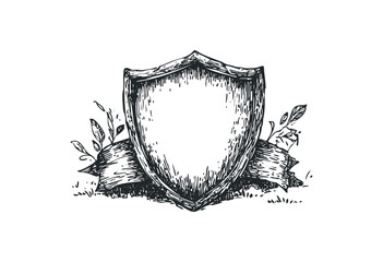 Obraz premium Blank heraldic shield with ribbon and leaves in vintage illustration style. Vector retro hand drawn illustration
