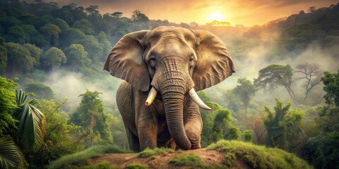 Fototapeta premium Majestic Elephant at Dawn in a Lush Tropical Forest