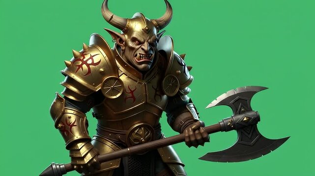 Fantasy Goblin Character green screen wielding axe with evil smirk in golden armor