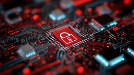 Obraz premium Cybersecurity technology circuit board with security lock symbol