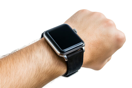 Close-up of wrist wearing sleek digital smartwatch in high-resolution PNG cutout with transparent background for versatile wearable tech mockups and UI design projects