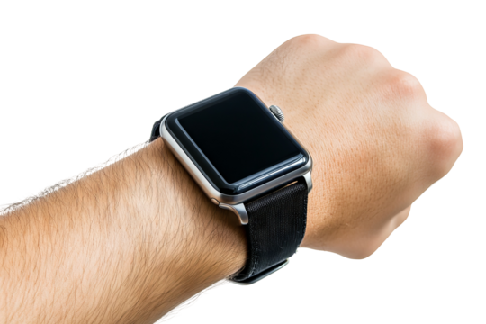 Close-up of wrist wearing sleek digital smartwatch in high-resolution PNG cutout with transparent background for versatile wearable tech mockups and UI design projects