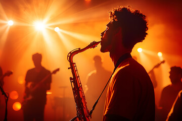 Male musician with saxophone performing in vibrant concert scene with orange lighting