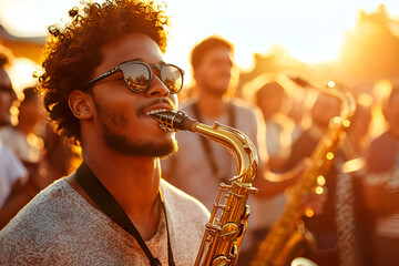 Young african male musician playing saxophone at sunset outdoor concert