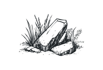 Obraz premium Black and white sketch of stones with grass and plants illustration. Vector retro hand drawn illustration