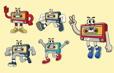 Set of Happy Retro Cassette Mascot in Various Poses Character Cartoon Illustration Retro style