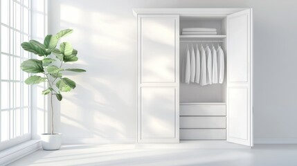 White wardrobe with open doors, showcasing a collection of well organized garments.