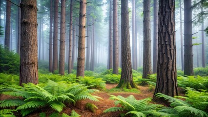 Fototapeta premium Misty Forest Path Enveloped by Lush Green Ferns and Towering Pine Trees