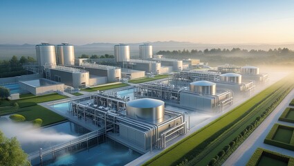 A modern urban wastewater treatment facility featuring advanced filtration systems and eco-friendly technology, designed for efficient water purification in a sustainable city environment.