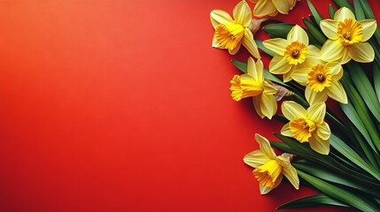 22.A modern wedding invitation template with clusters of daffodils in vivid hues of yellow and orange, complemented by fresh green leaves, artfully placed on a bold red backdrop.