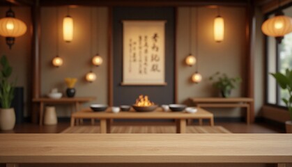 Light wood tabletop with cozy breakfast nook, soft natural lighting, flat lay setup for food or drink product scenes