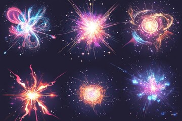 Digital art shows colorful fireworks with sparkles against a dark background. Perfect for festive backgrounds, magical illustrations, or celebratory graphic designs.