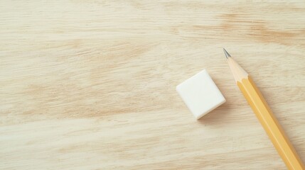 White eraser on a wooden desk, paired with a pencil, ready for correcting mistakes in a design.
