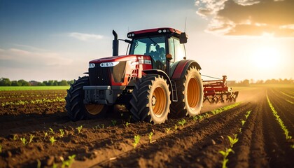 Fototapeta premium Red Tractor Tilling Field at Sunset Agricultural Machinery Farming Concept.