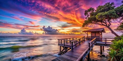 Serene Coastal Sunset Vista Wooden Boardwalk Leading to a Tranquil Oceanside Gazebo Under a Vivid Sky