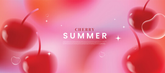 Summer season gradient futuristic art background vector. Modern wallpaper design with cherry, bubble heart. Illustration design for social media, print, cover, banner, backdrop, packaging, ads.