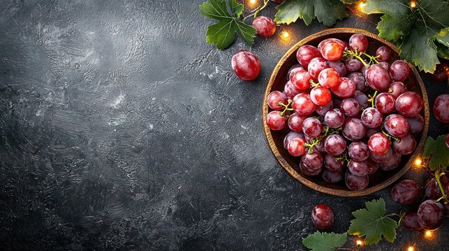 Fresh red grapes in a wooden bowl on a dark surface, autumnal