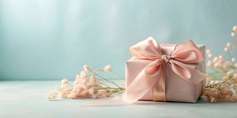 A delicately wrapped present with a blush-toned ribbon and bow, adorned with soft, dried floral accents on a tranquil pastel surface.