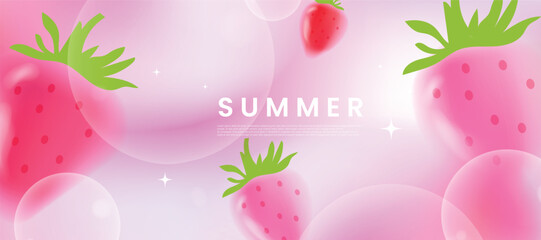 Summer season gradient futuristic art background vector. Modern wallpaper design with strawberry, bubble. Illustration design for social media, print, cover, banner, backdrop, packaging, ads.