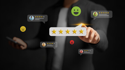 Customer satisfaction, online rating, quality service experience, excellent review, positive user comments and feedback. Businessman giving 5 star review on virtual screen. 3D illustration