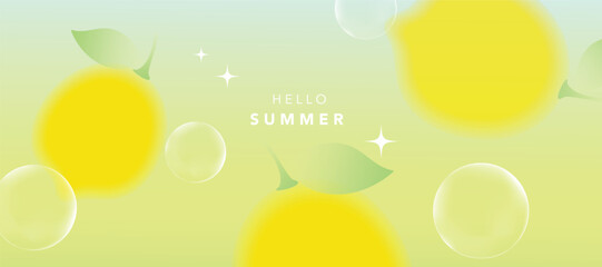 Summer season gradient fruit art background vector. Modern wallpaper design with lemon, bubble. Illustration design for social media, print, cover, banner, backdrop, packaging, ads.