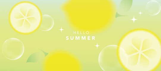 Summer season gradient fruit art background vector. Modern wallpaper design with lemon, bubble. Illustration design for social media, print, cover, banner, backdrop, packaging, ads.