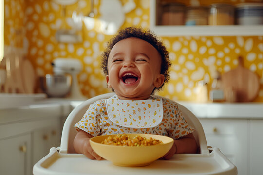 Joyful african child laughing in high chair with cereal in cozy kitchen
