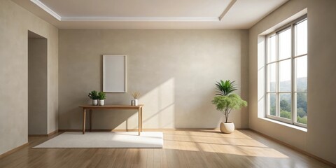 Fototapeta premium Serene Minimalist Interior Design Featuring a Wooden Table, Plants, and a Blank Canvas for Artwork in a Room with Large Window