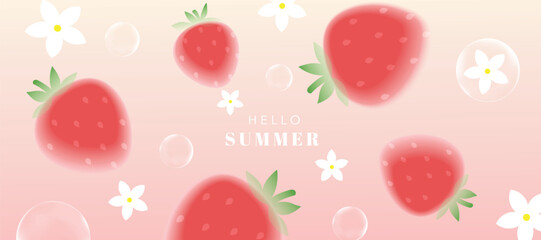 Summer season gradient fruit art background vector. Modern wallpaper design with strawberry, bubble, flower. Illustration design for social media, print, cover, banner, backdrop, packaging, ads.