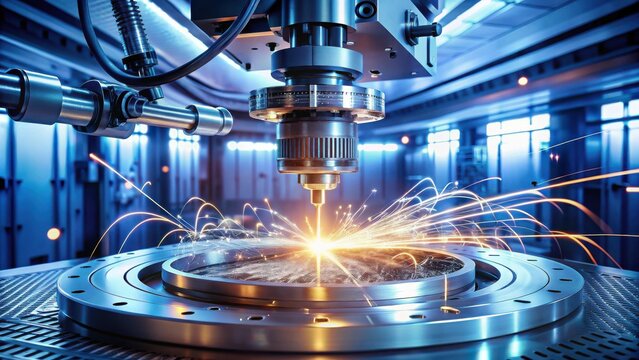 Precision robotic arm performing intricate metal fabrication with sparks and vibrant light trails in a modern industrial facility