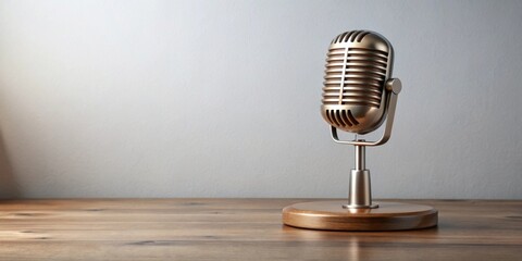 Retro Microphone on Wooden Tabletop Against a Neutral Background