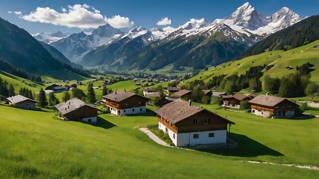 A scenic view of a small village nestled in a valley surrounded by majestic snow capped mountains