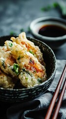 Japanese vegetable tempura with dipping sauce.