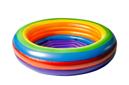 Inflatable pool, rainbow-colored, white background, no shadows, no text or letters in the image, high resolution