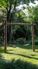 Wooden swingset in a quiet backyard garden.