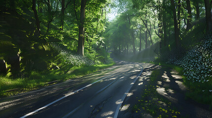 Fototapeta premium Serene Sunlit Forest Paths: Morning Light Filtering Through Lush Canopies