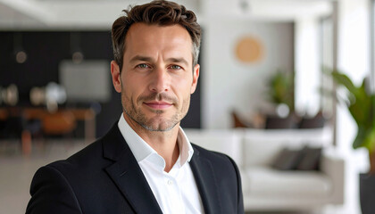 Fototapeta premium Confident Executive: A portrait of a sophisticated male executive, exudes confidence and authority within a contemporary and stylish interior setting.