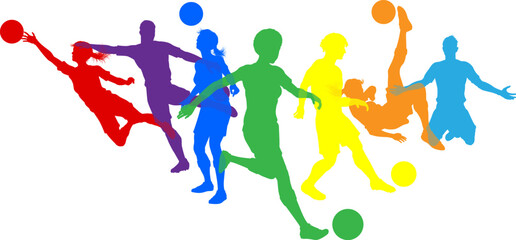 Soccer football player male and female colorful silhouette outlines men and women group