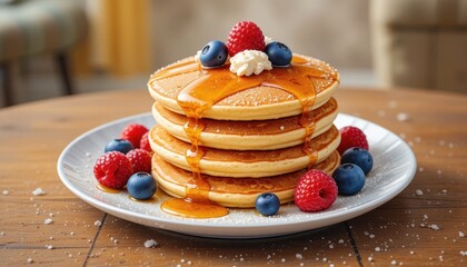 Fluffy Pancakes Stacked High With Syrup and Fresh Berries on a Wooden Table