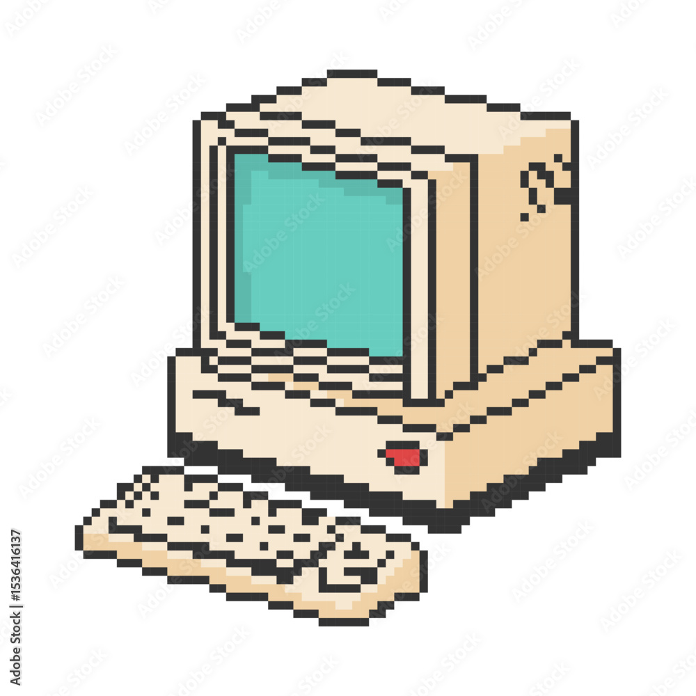 Poster old computer icon. pixel art object in 8 bit style. retro 80s,90s video game graphics.