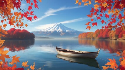 A serene lake with a boat surrounded by autumn foliage and a snow capped mountain in the distance