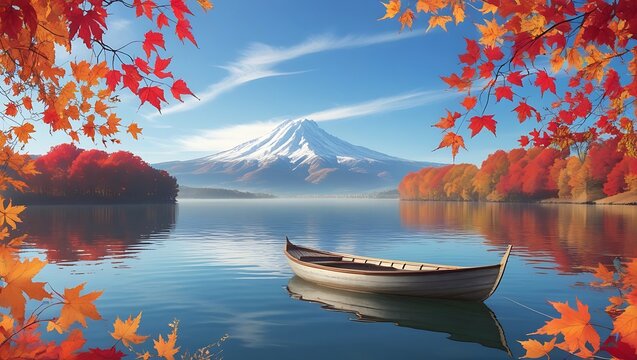 A serene lake with a boat surrounded by autumn foliage and a snow capped mountain in the distance