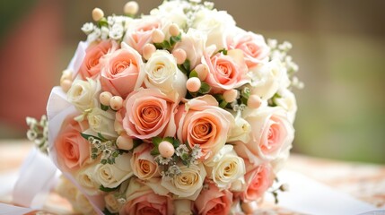A wedding bouquet. A magnificent bouquet of pink and white flowers. The concept of a flower shop. A beautiful fresh bouquet.