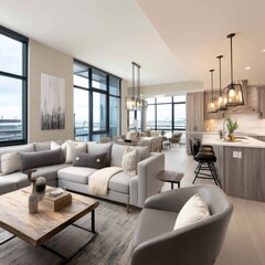 Fototapeta premium Modern living area with open-concept design, large windows, and stylish furniture for a bright space.